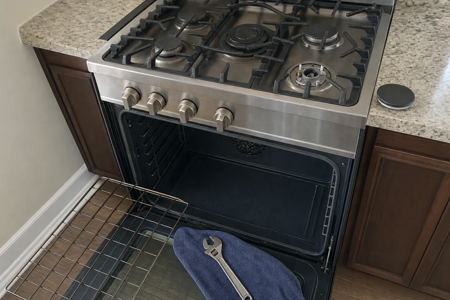 Stainless gas range with the oven door open, one burner cap lifted off the cooktop and a wrench on a folded towel