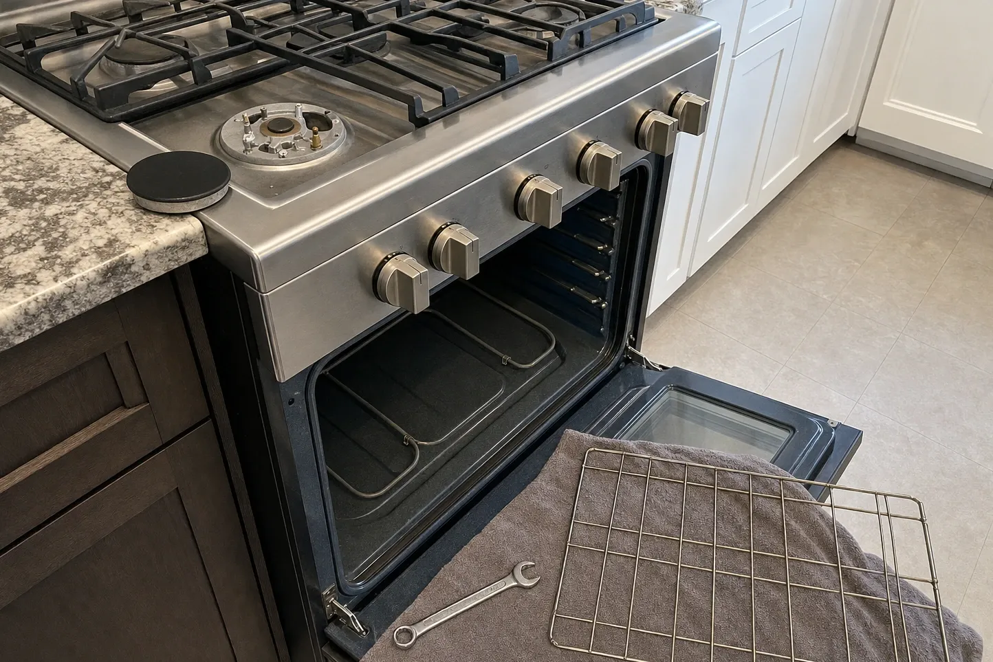 Gas cooktop with one burner cap removed, exposing the burner head, gas orifice and spark electrode