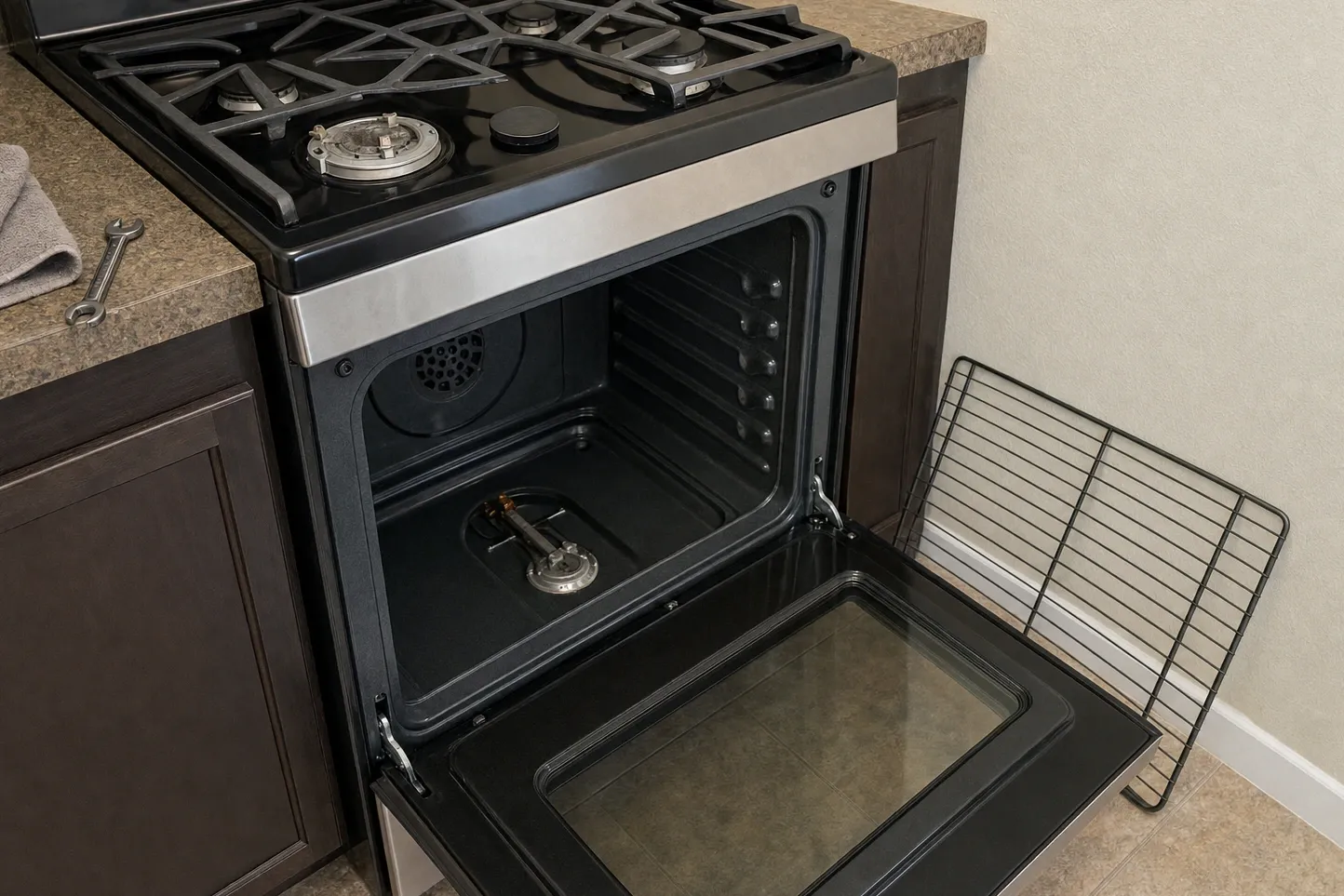 Open oven cavity with the bake burner tube and its igniter along the floor and the convection cover at the side