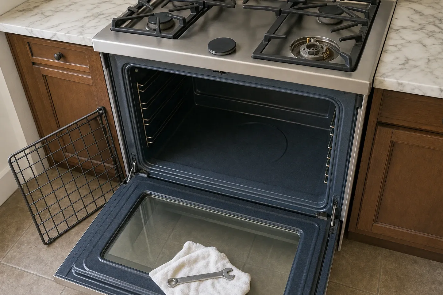 Gas rangetop over an open oven under a white marble counter, one burner head exposed and a rack propped aside