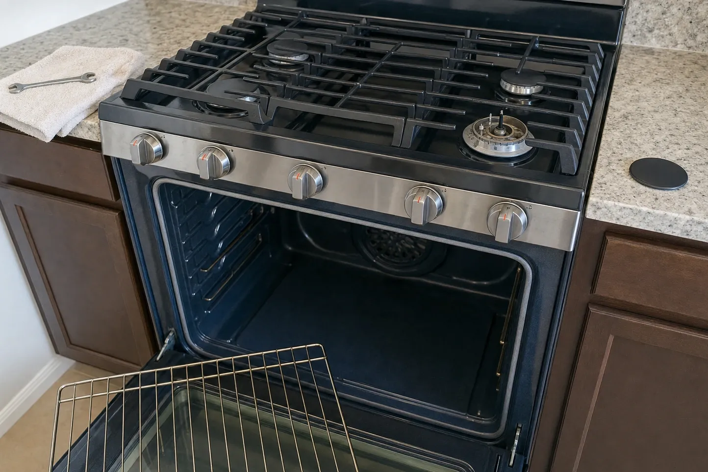 Black gas cooktop with a stainless knob fascia, one burner head bare, and the oven standing open below