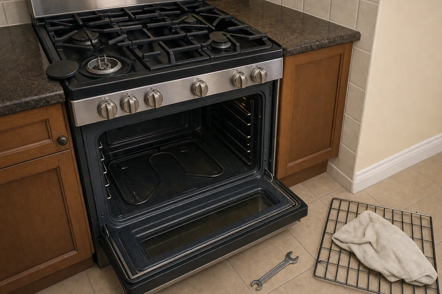 Black gas range with the door lowered flat over a used oven cavity and a burner cap lifted off the cooktop