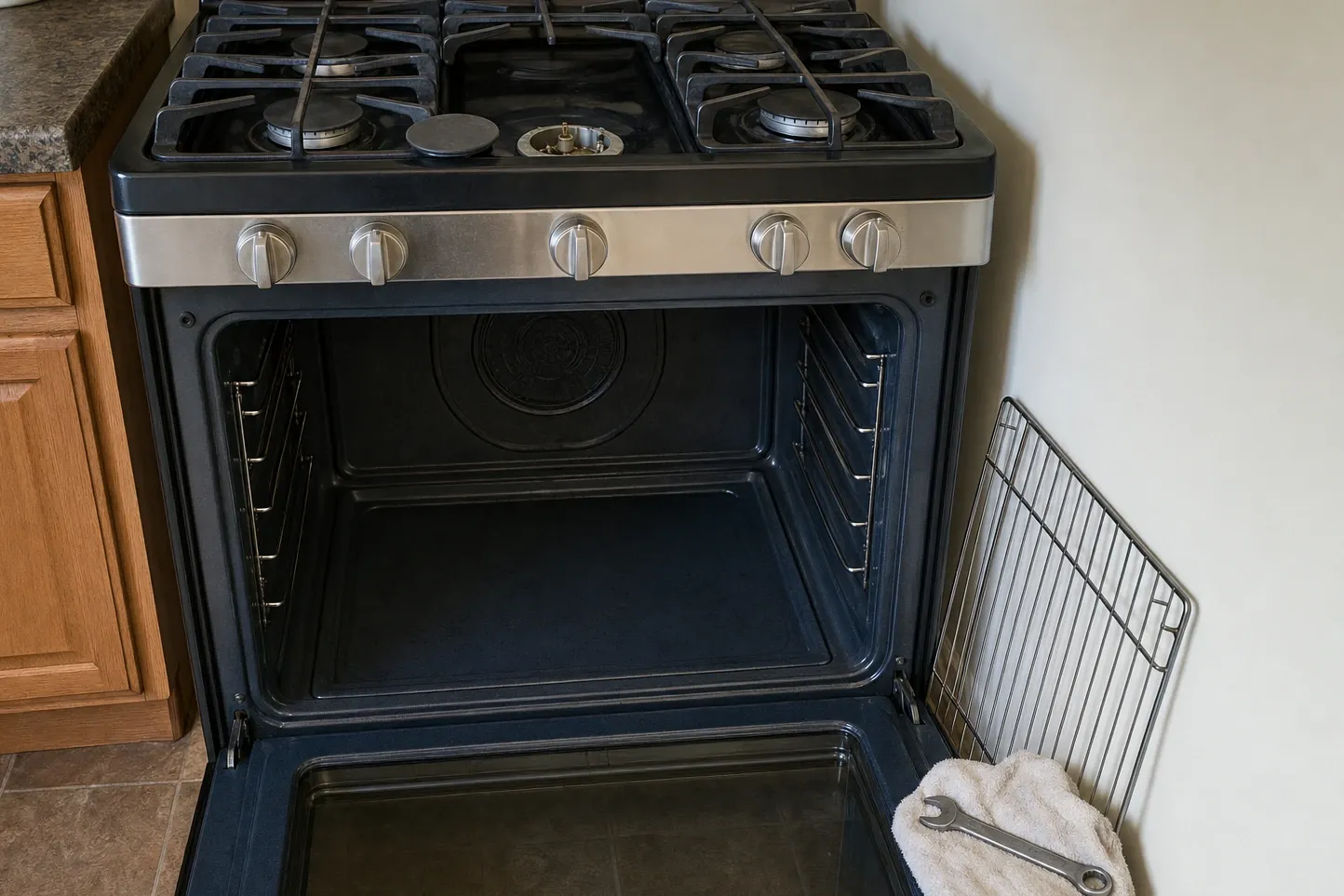 Gas range pulled up to a bare corner wall, oven door open and both racks out on the floor