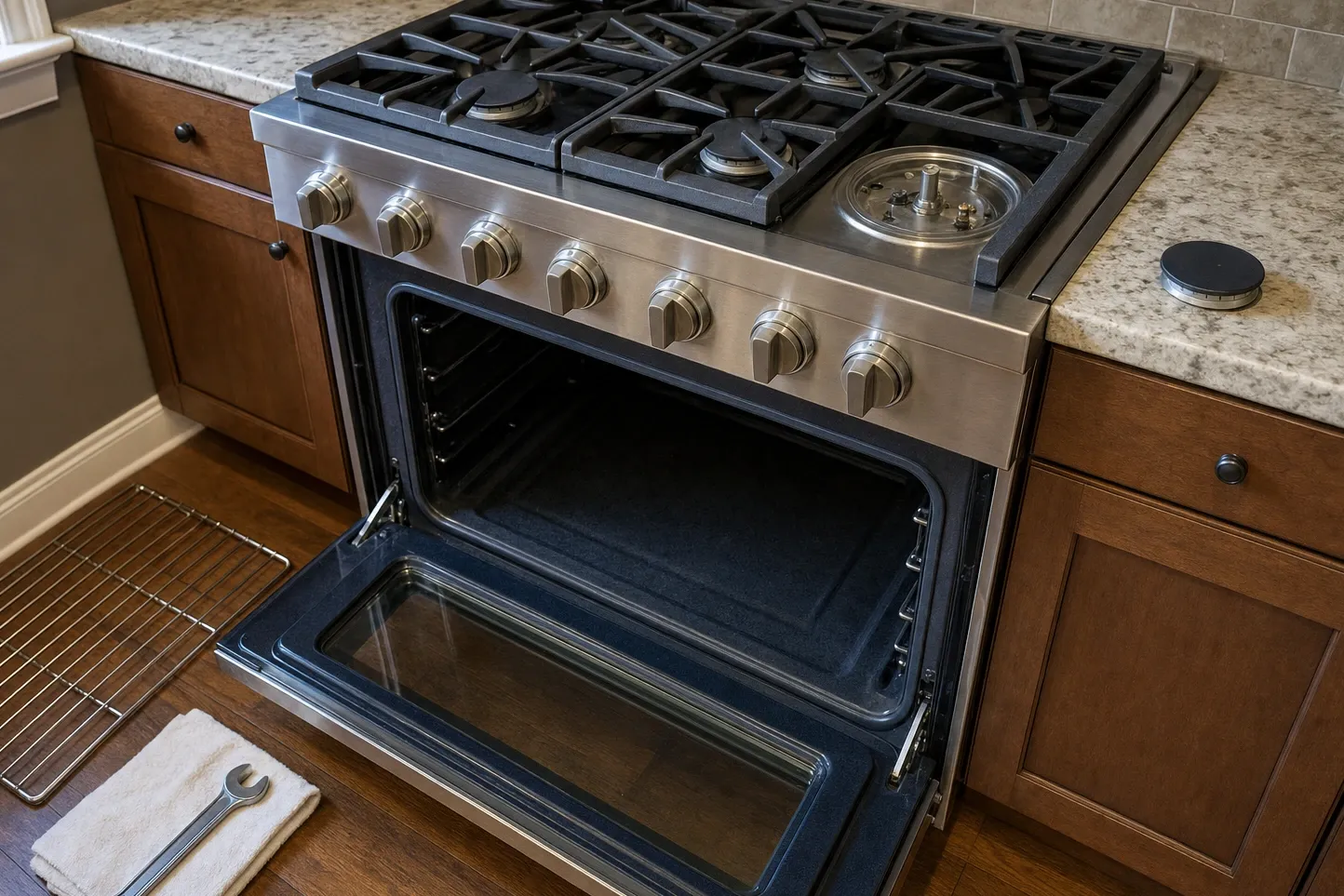 Professional-style stainless range in a dark-wood kitchen with one burner ring uncovered and the glass oven door lowered flat